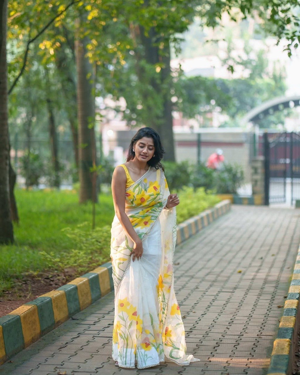 Yellow Organza Printed Handwork Ready To Wear Saree
