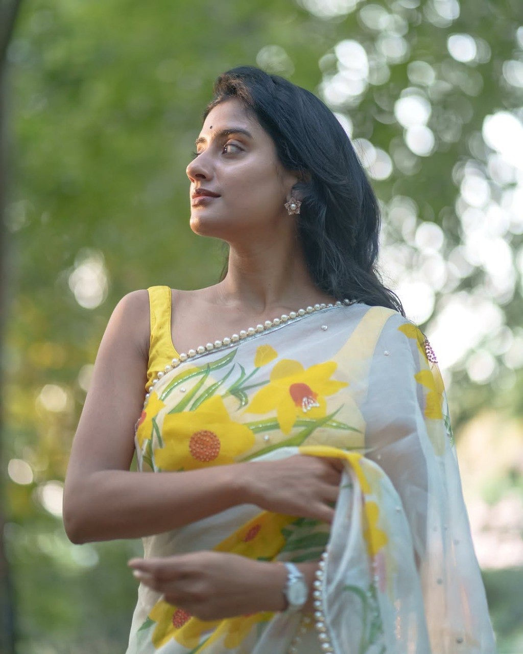 Yellow Organza Printed Handwork Ready To Wear Saree