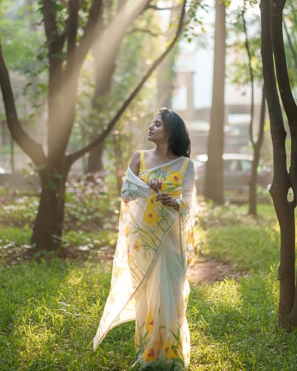 Yellow Organza Printed Handwork Ready To Wear Saree