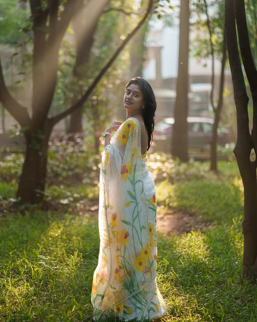 Yellow Organza Printed Handwork Ready To Wear Saree