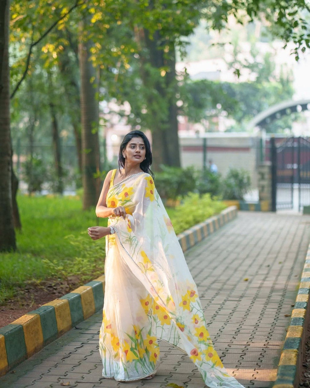 Yellow Organza Printed Handwork Ready To Wear Saree