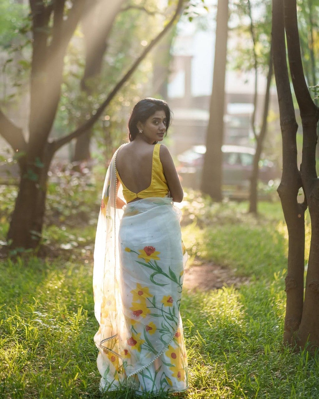 Yellow Organza Printed Handwork Ready To Wear Saree