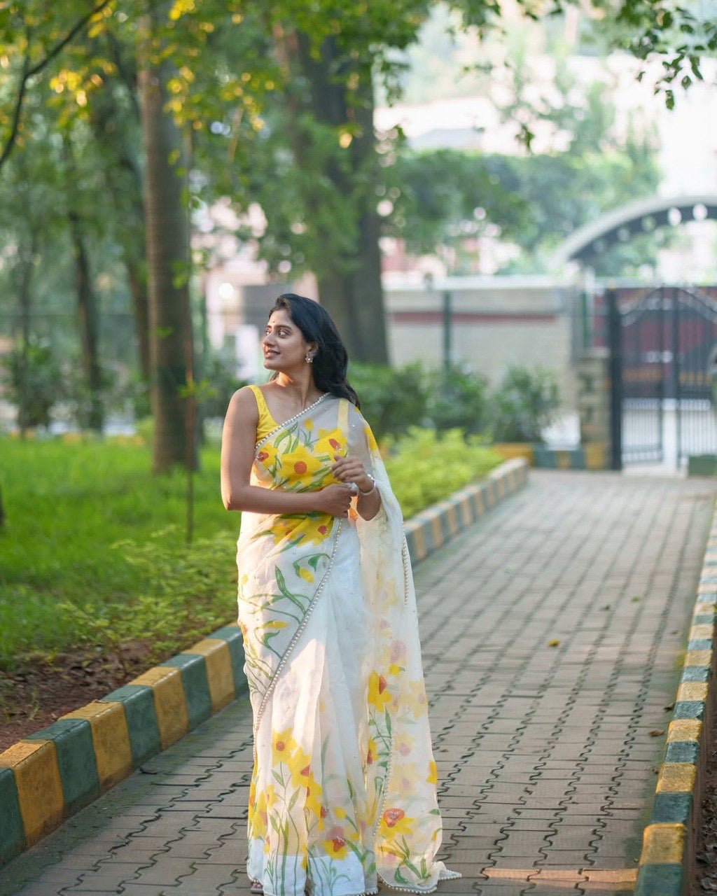 Yellow Organza Printed Handwork Ready To Wear Saree
