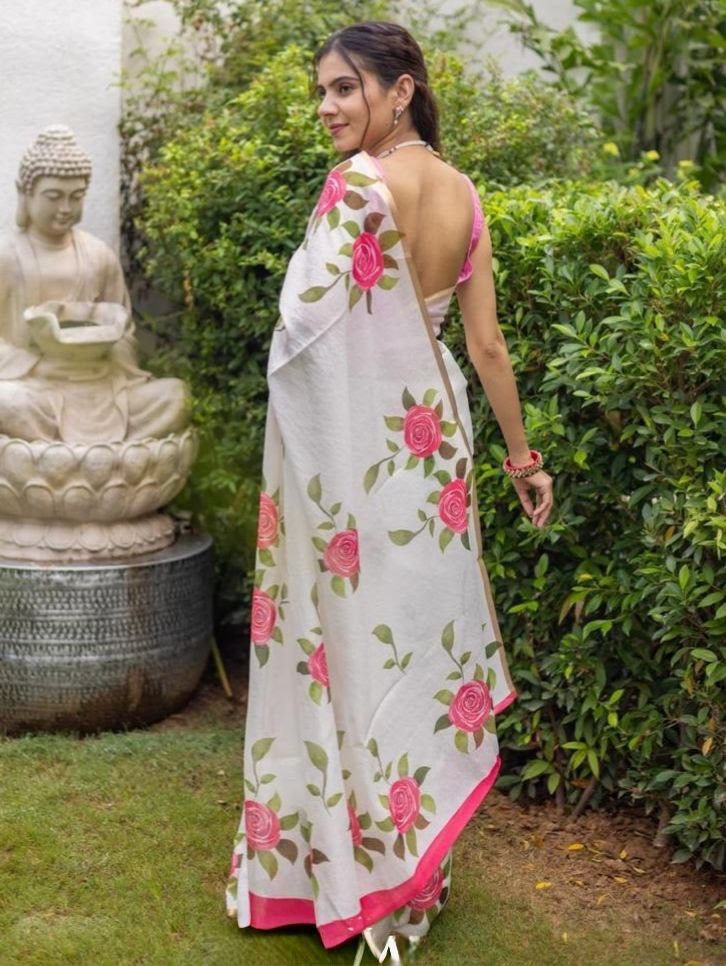 White Soft Linen Digital Printed Saree