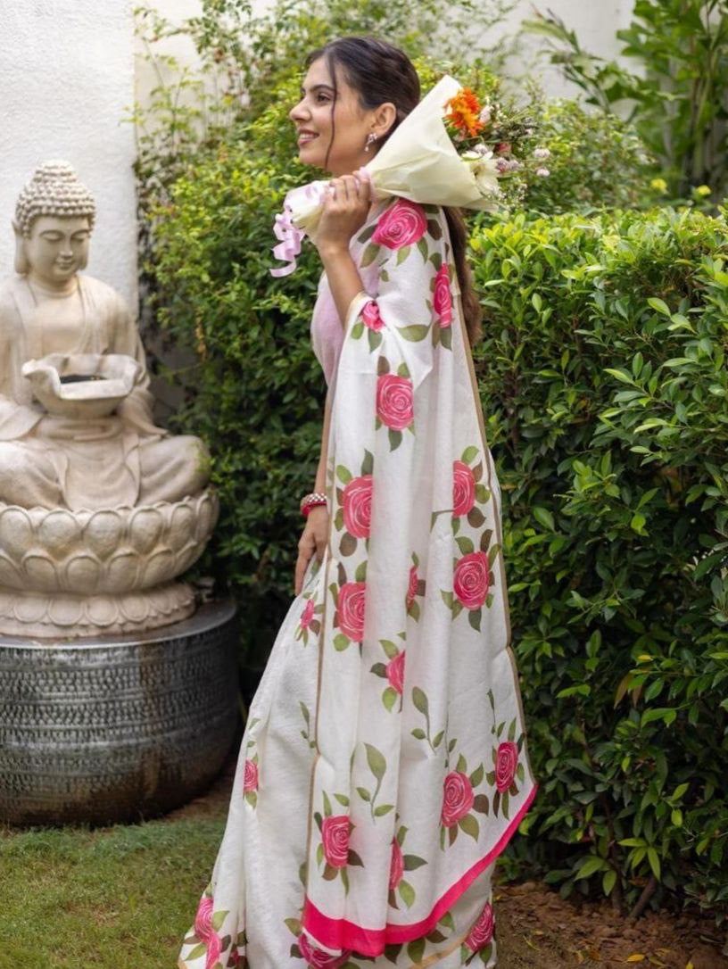 White Soft Linen Digital Printed Saree