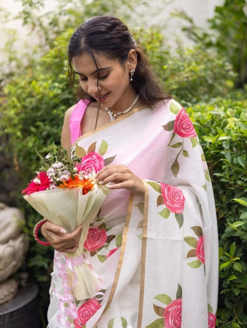 White Soft Linen Digital Printed Saree