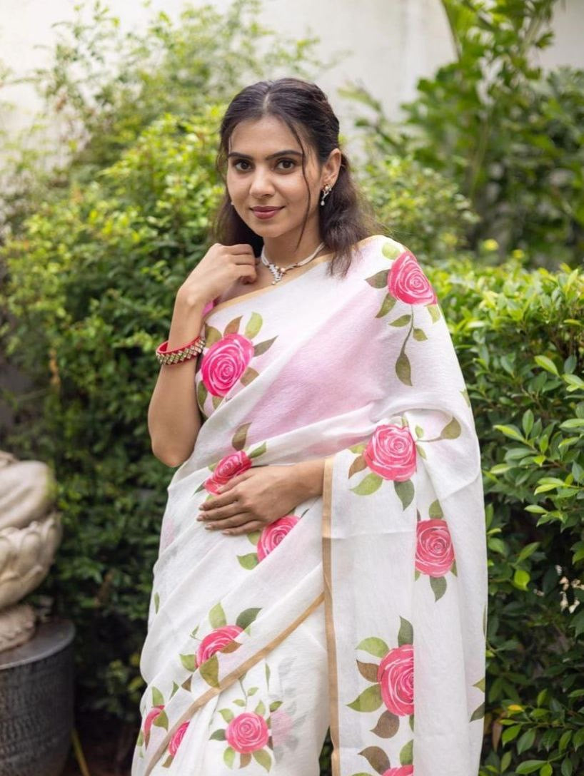 White Soft Linen Digital Printed Saree