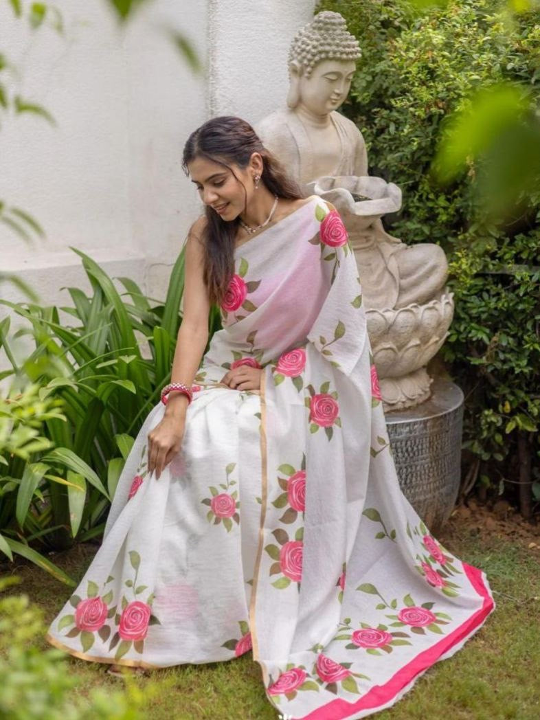 White Soft Linen Digital Printed Saree