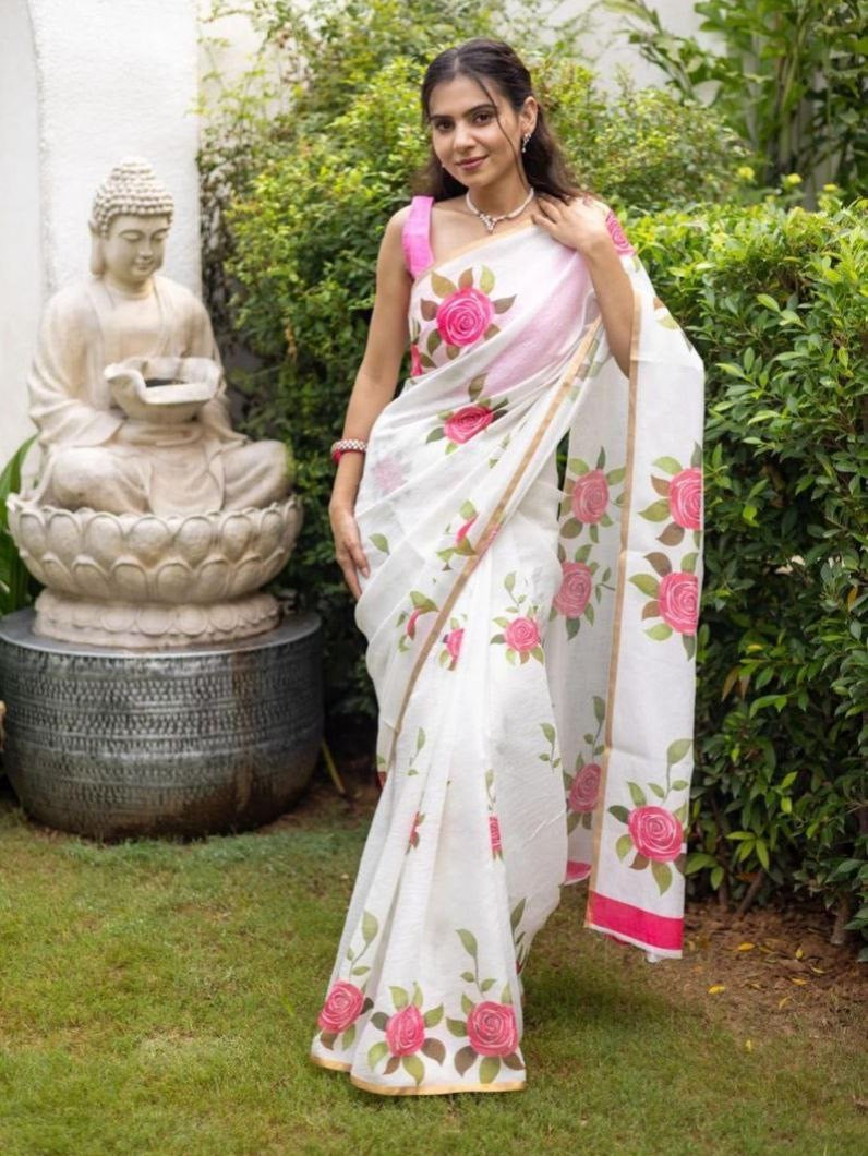 White Soft Linen Digital Printed Saree