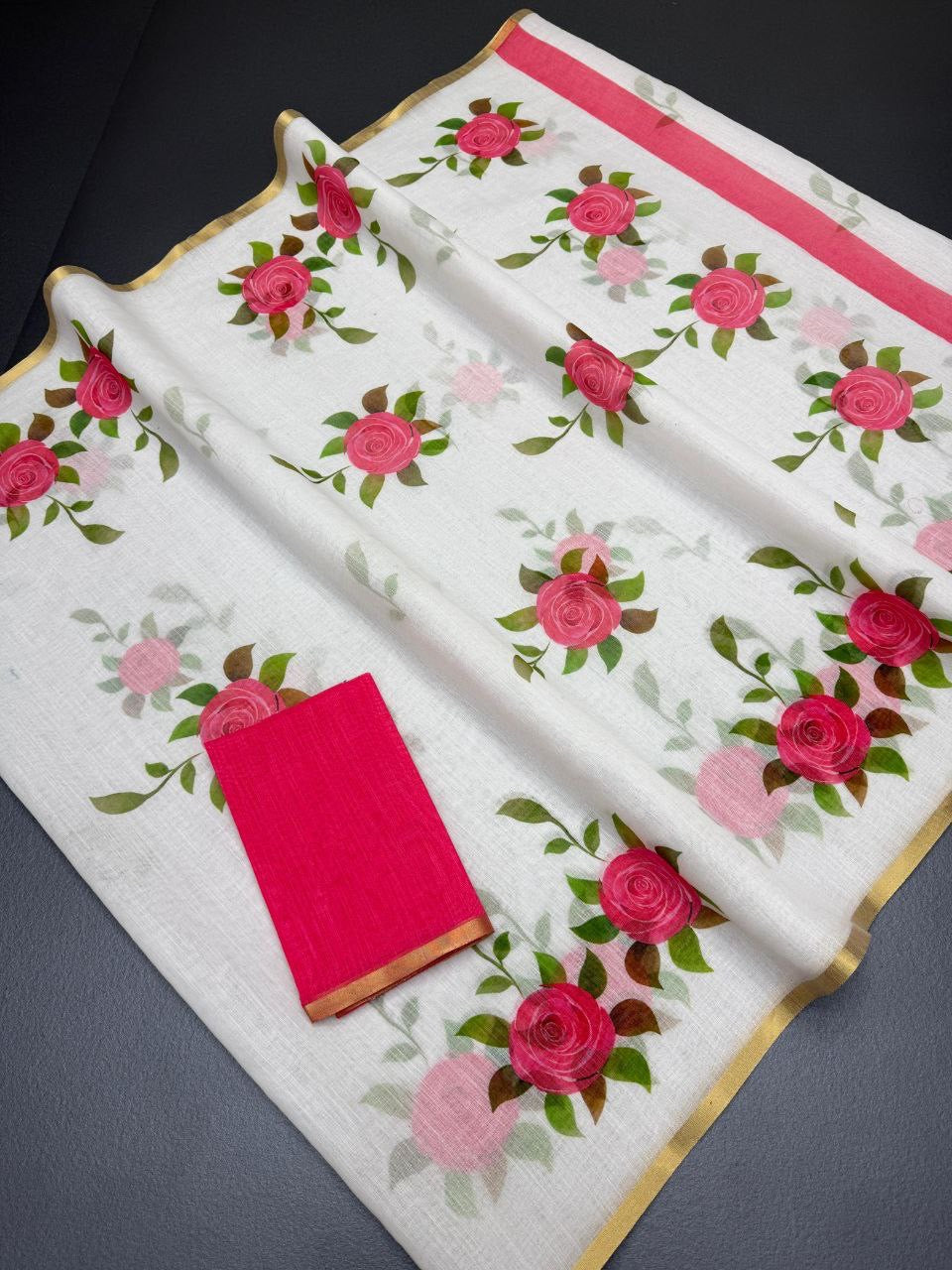 White Soft Linen Digital Printed Saree