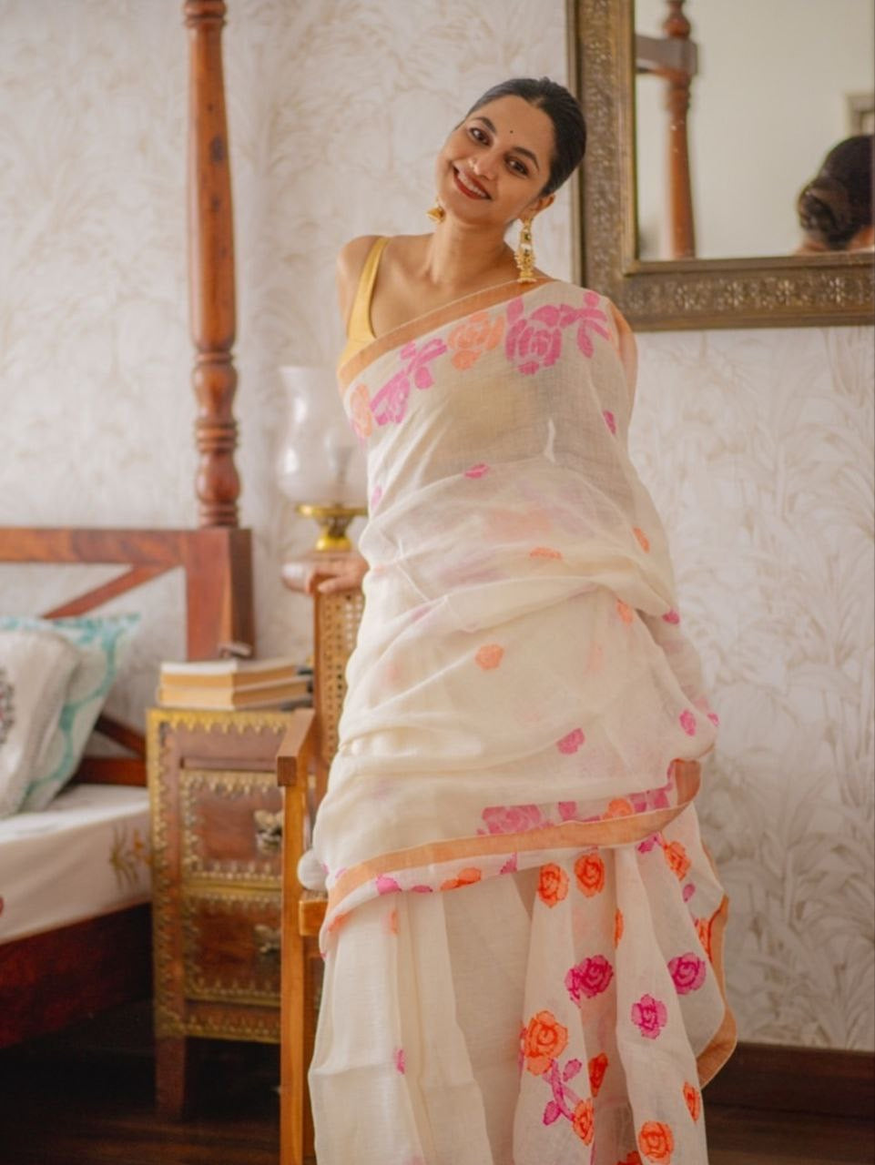 White Plain Soft Linen Digital Printed Saree