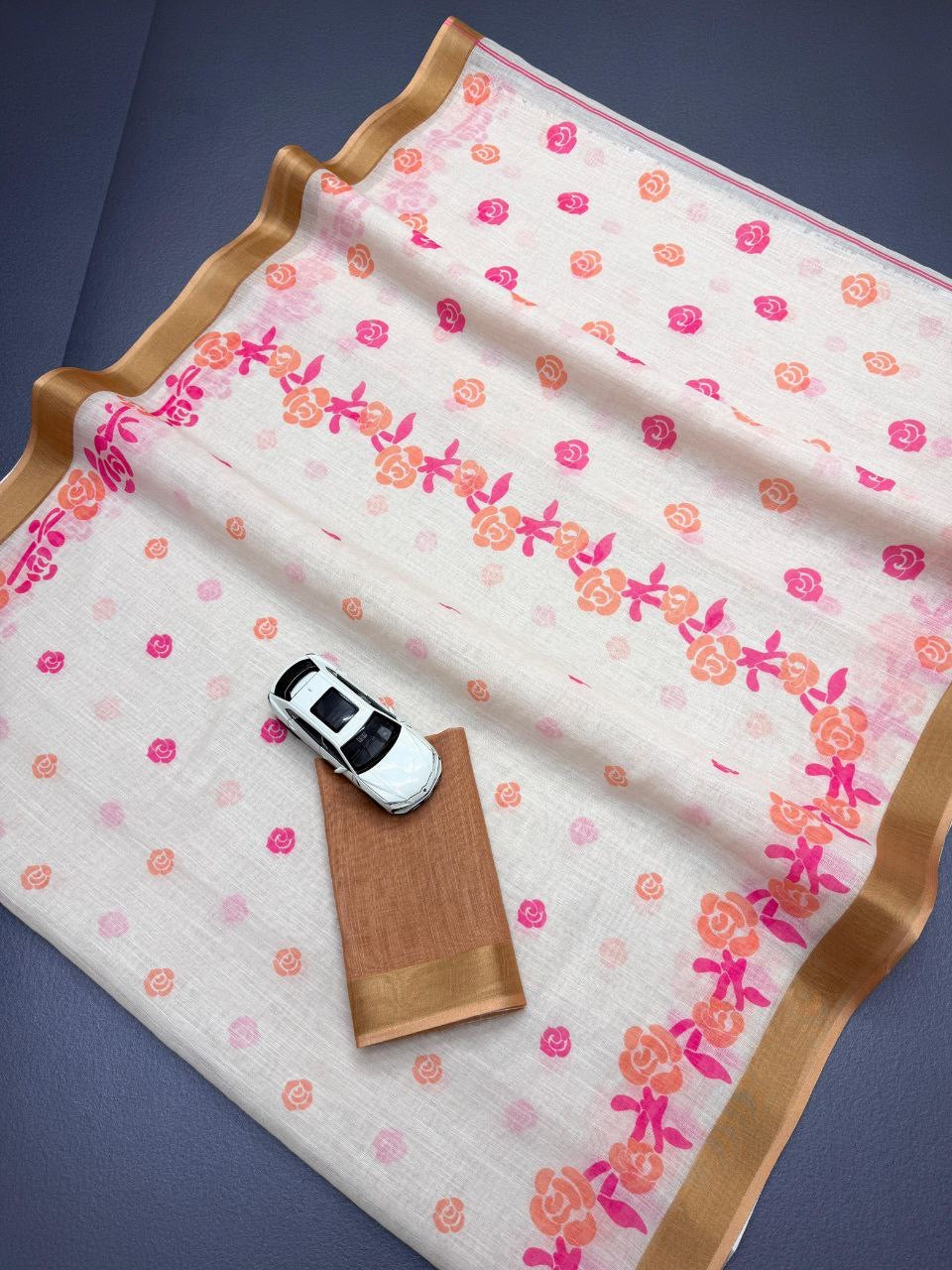 White Plain Soft Linen Digital Printed Saree