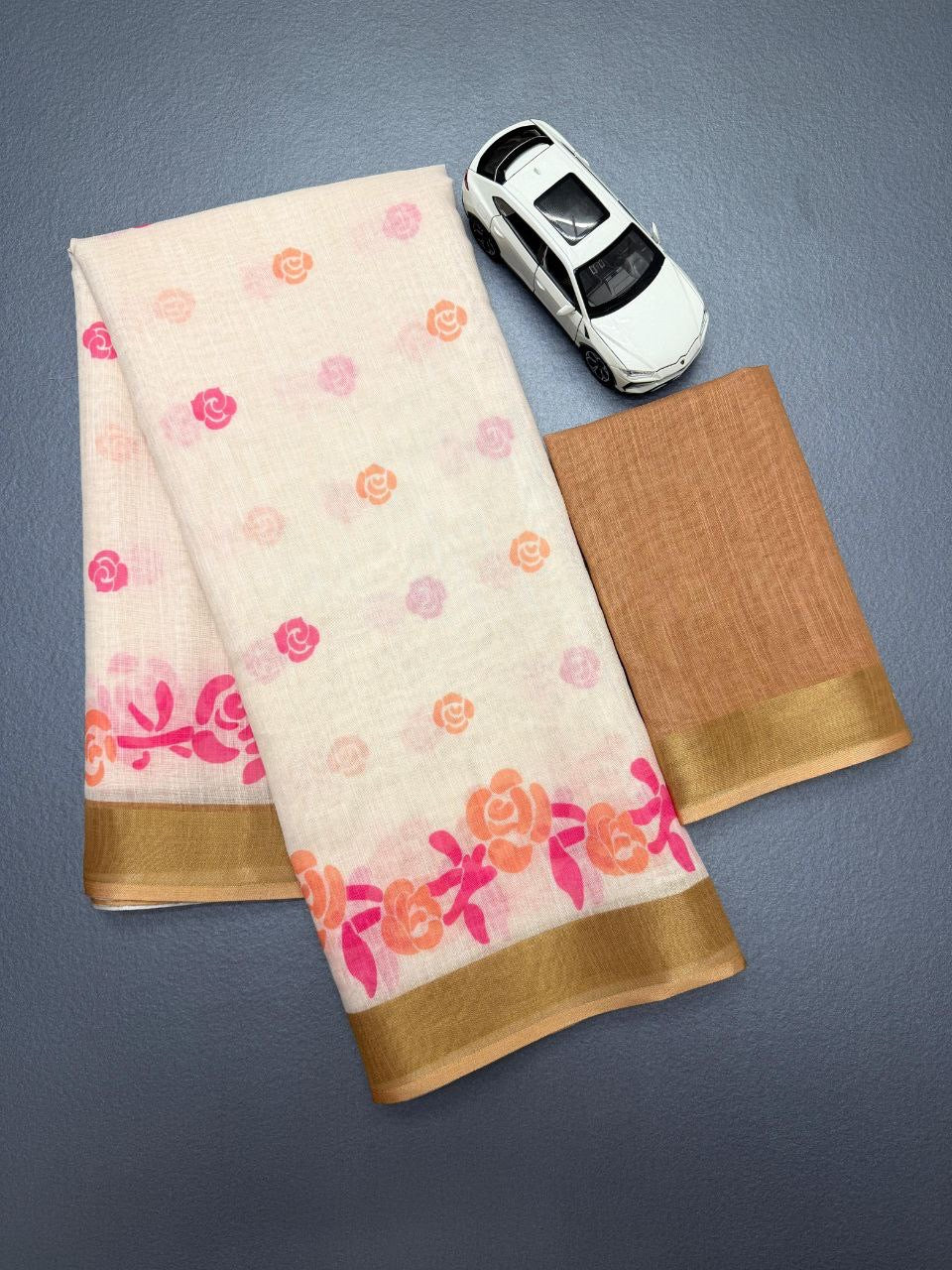 White Plain Soft Linen Digital Printed Saree