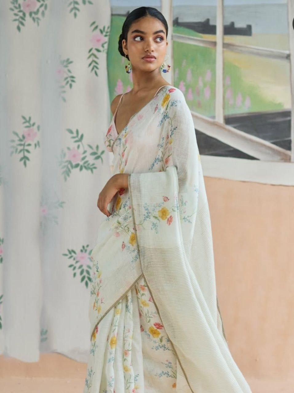 Mint Green Plain Linen Digital Printed Saree