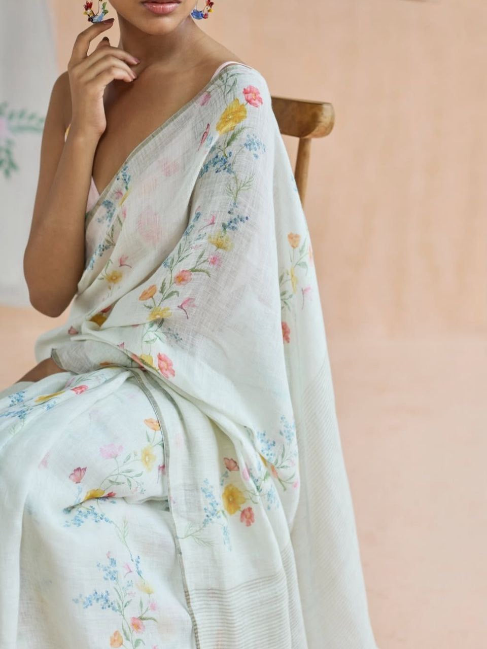 Mint Green Plain Linen Digital Printed Saree