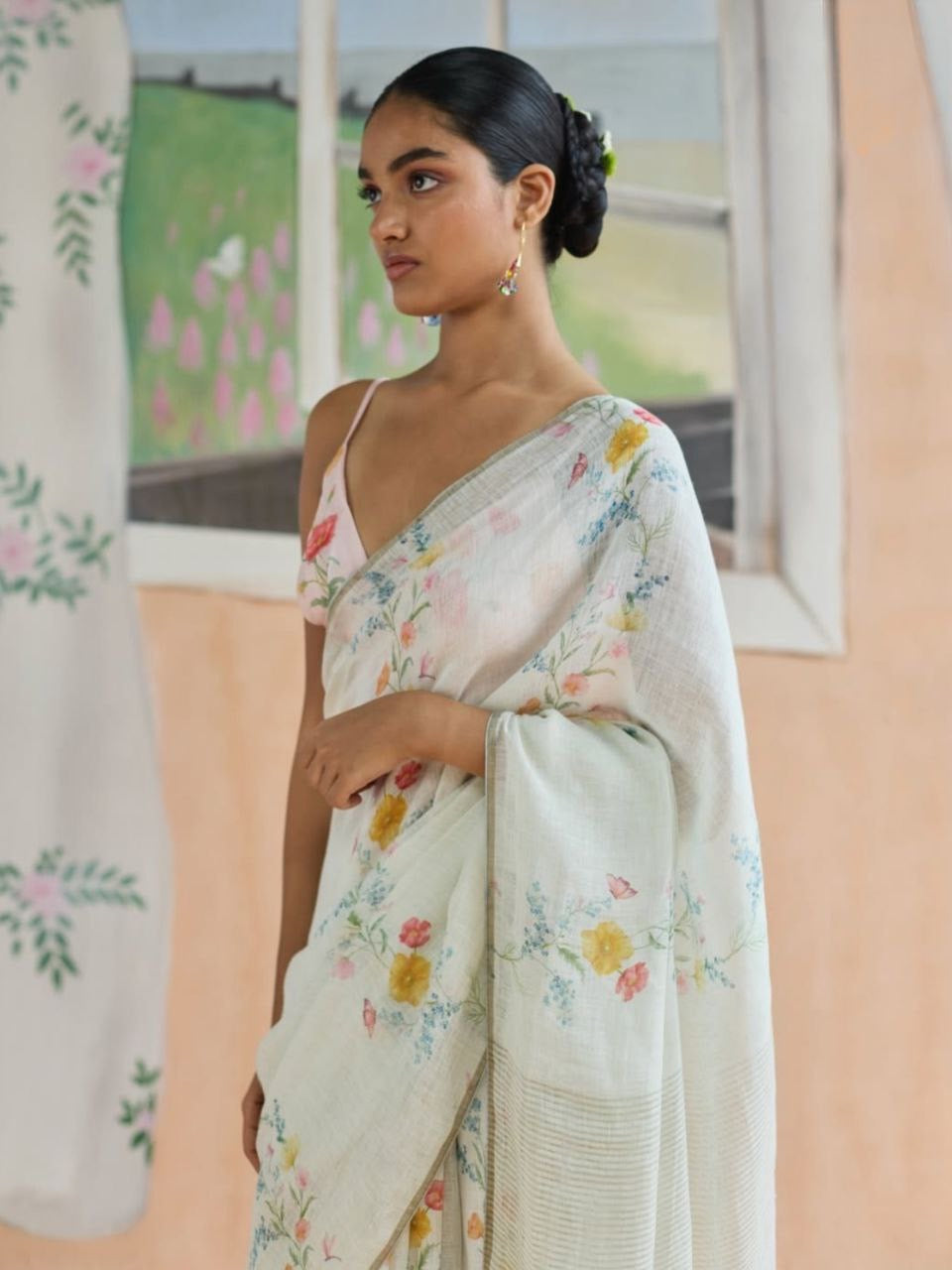 Mint Green Plain Linen Digital Printed Saree