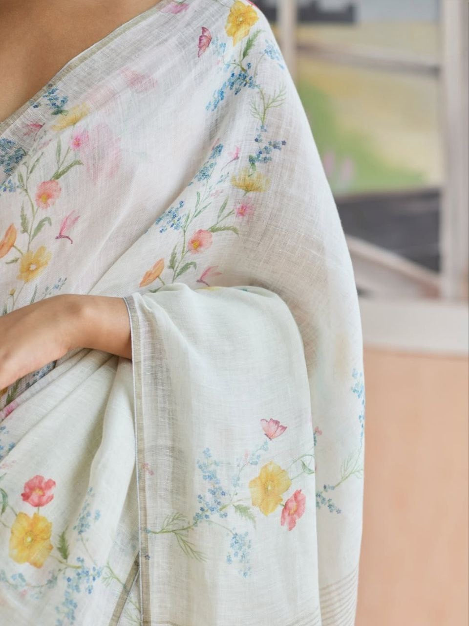 Mint Green Plain Linen Digital Printed Saree