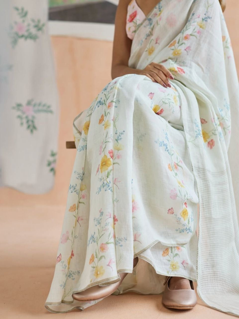 Mint Green Plain Linen Digital Printed Saree