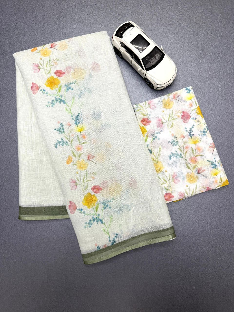 Mint Green Plain Linen Digital Printed Saree
