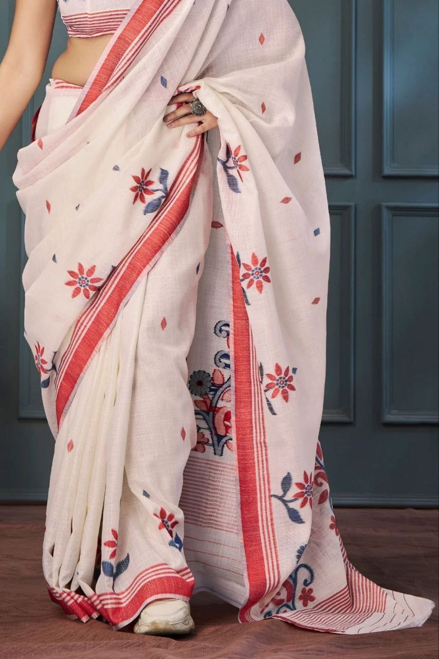 Beige Plain Linen Digital Printed Saree