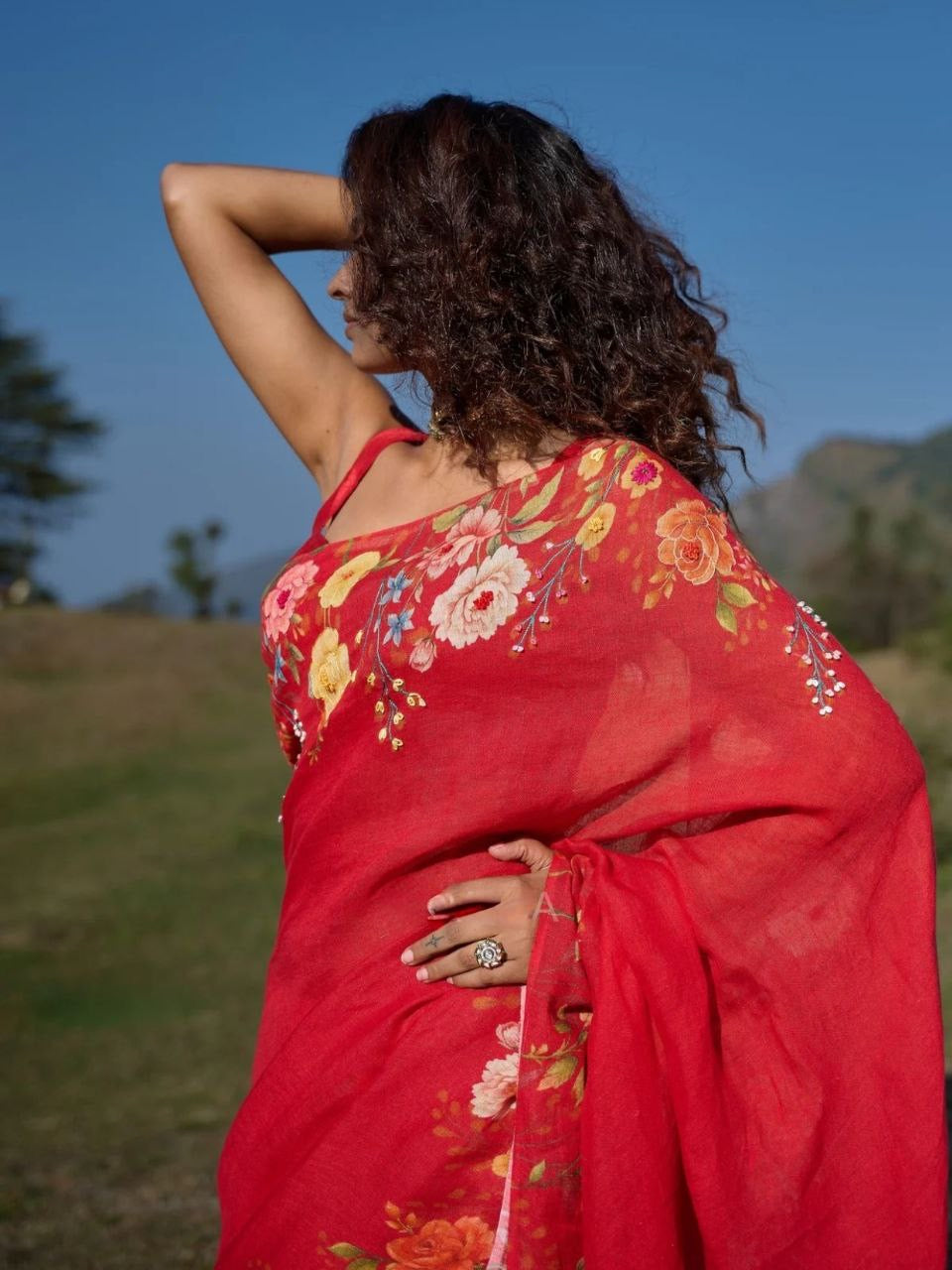 Red Soft Linen With Digital Print Saree