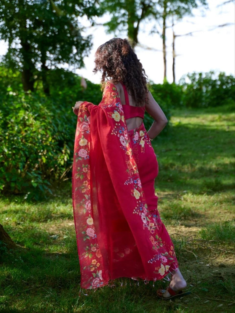 Red Soft Linen With Digital Print Saree