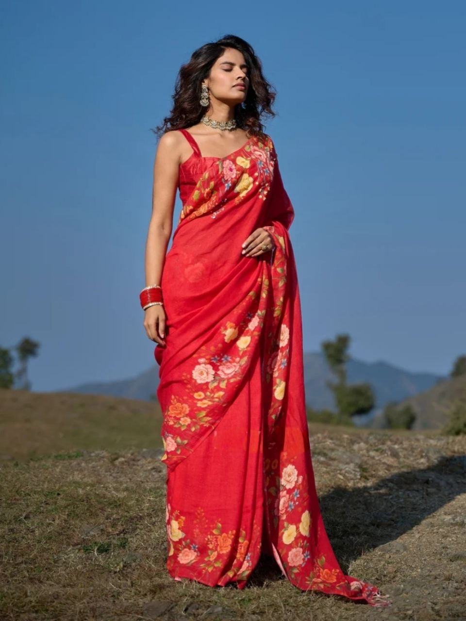Red Soft Linen With Digital Print Saree