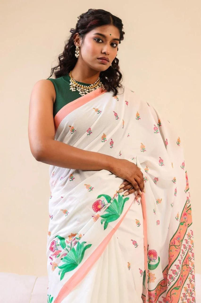 White Soft Linen With Digital Print Saree