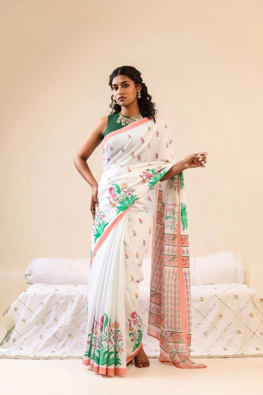 White Soft Linen With Digital Print Saree