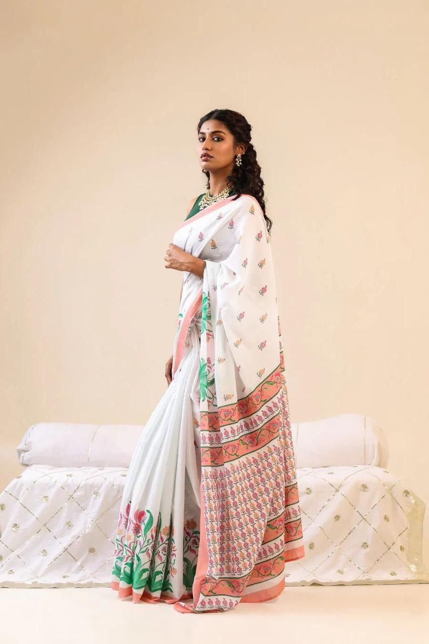 White Soft Linen With Digital Print Saree