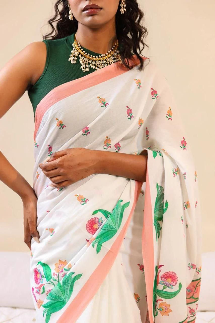 White Soft Linen With Digital Print Saree