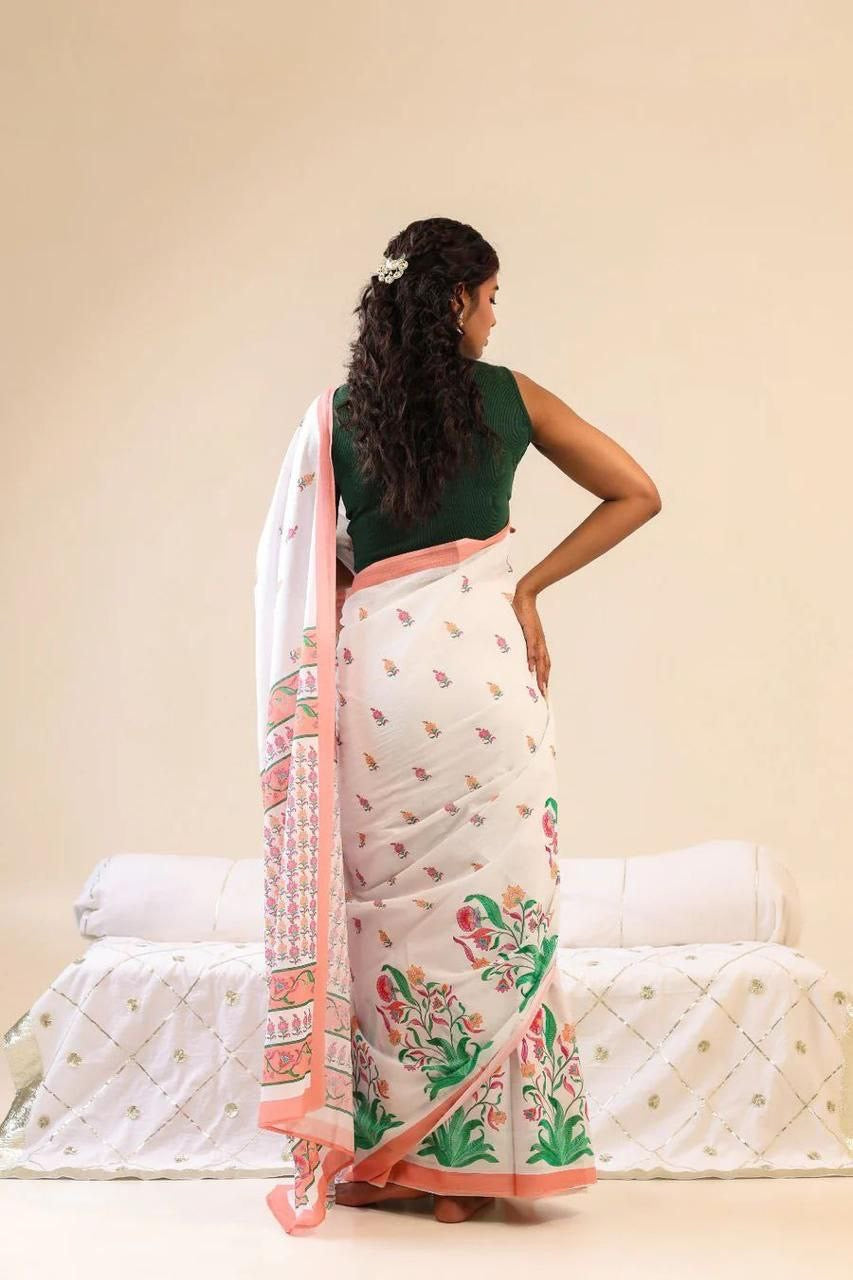 White Soft Linen With Digital Print Saree