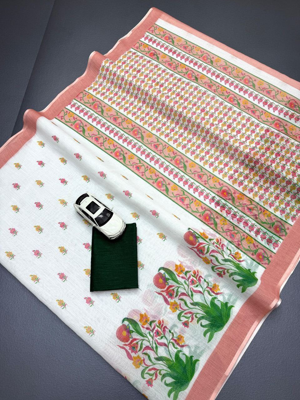 White Soft Linen With Digital Print Saree