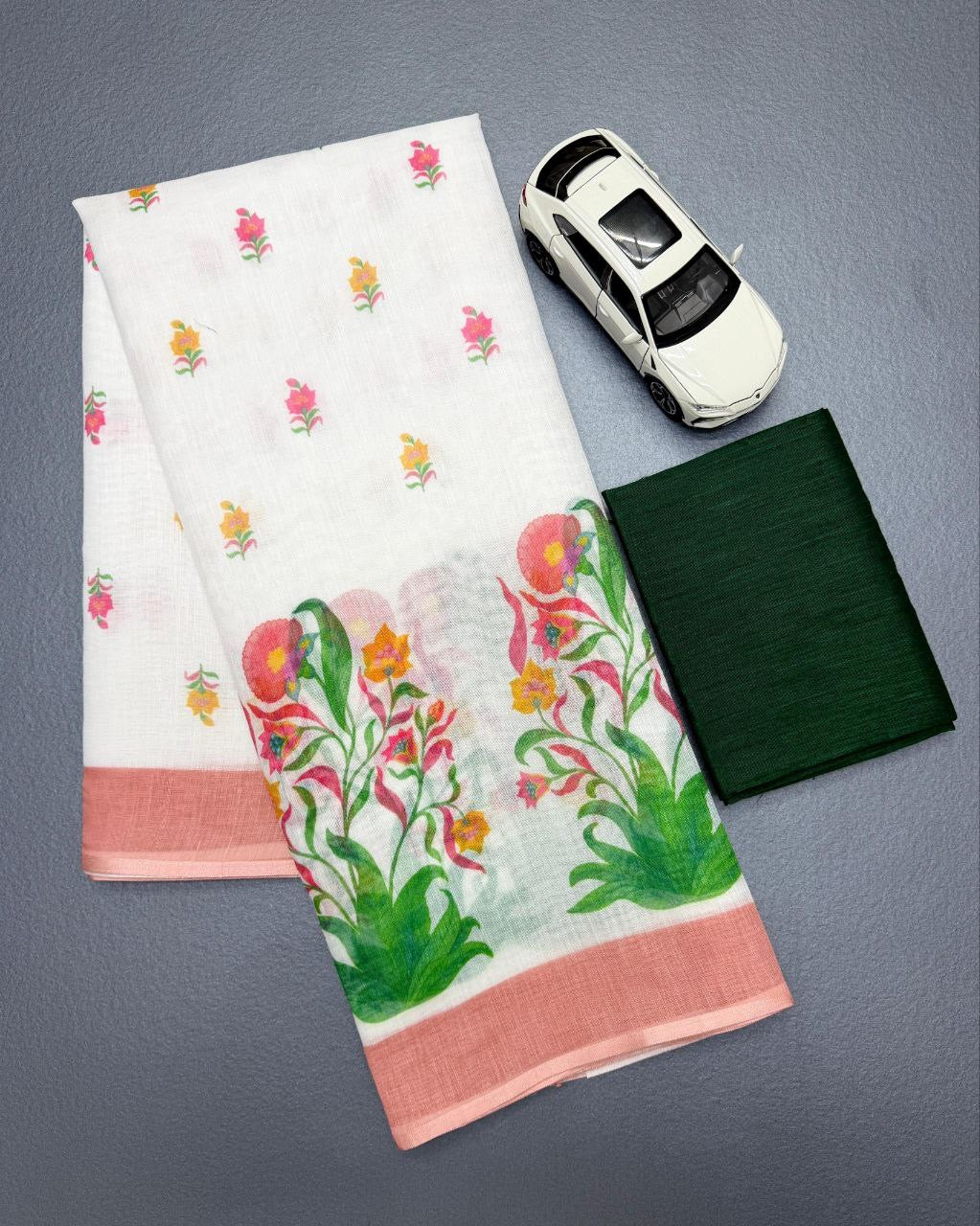 White Soft Linen With Digital Print Saree