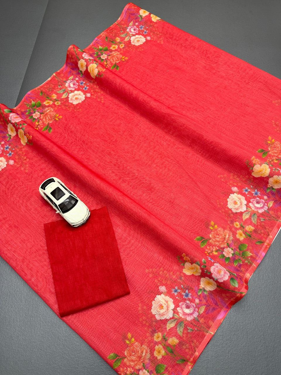 Red Soft Linen With Digital Print Saree