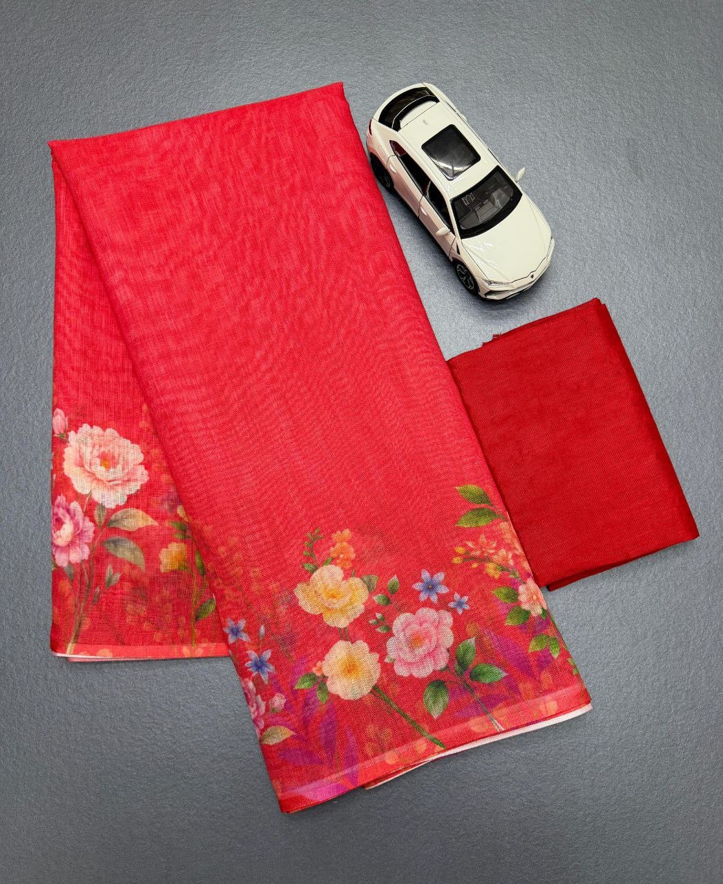 Red Soft Linen With Digital Print Saree