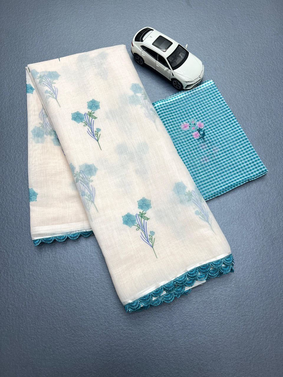 Sky With White Plain Linen Digital Printed Saree