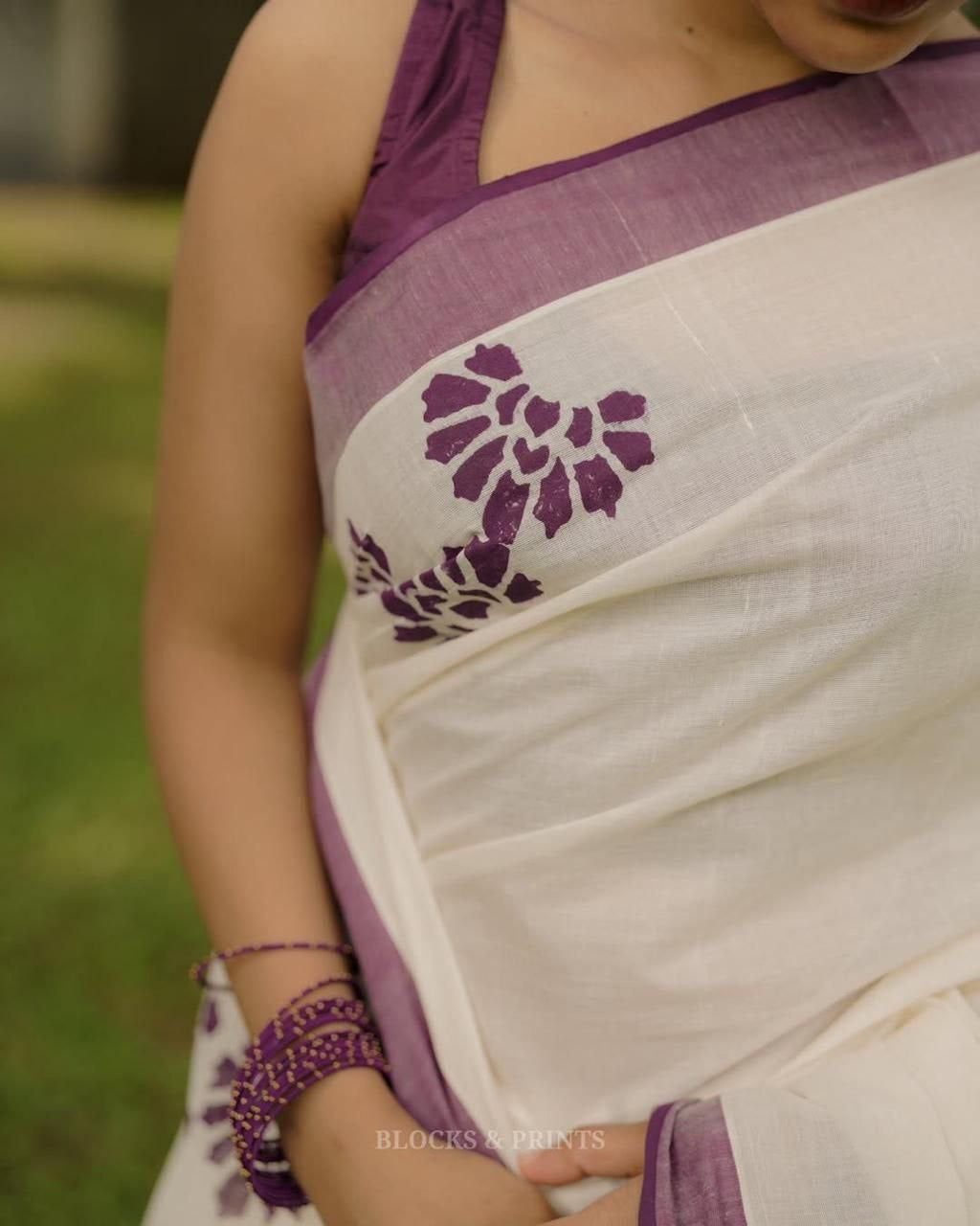 Purple With White Linen Digital Printed Saree