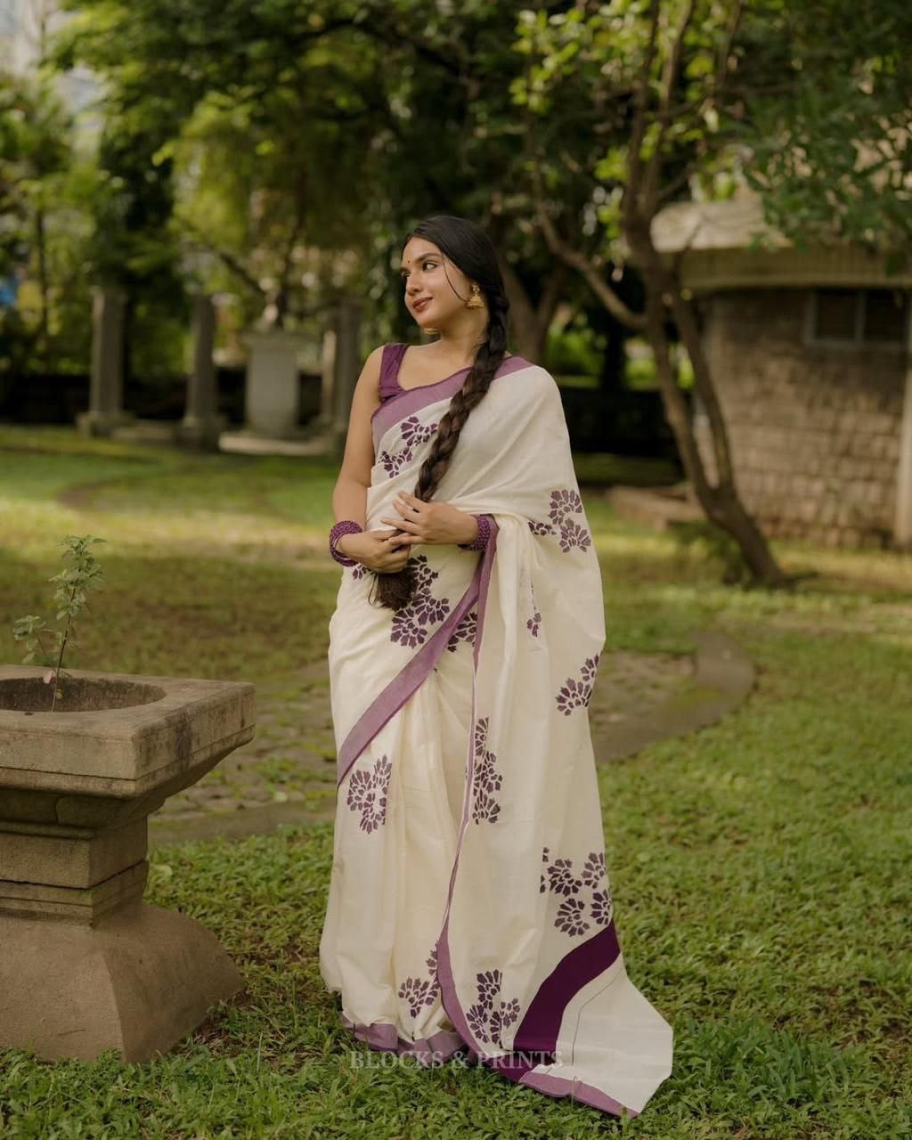 Purple With White Linen Digital Printed Saree