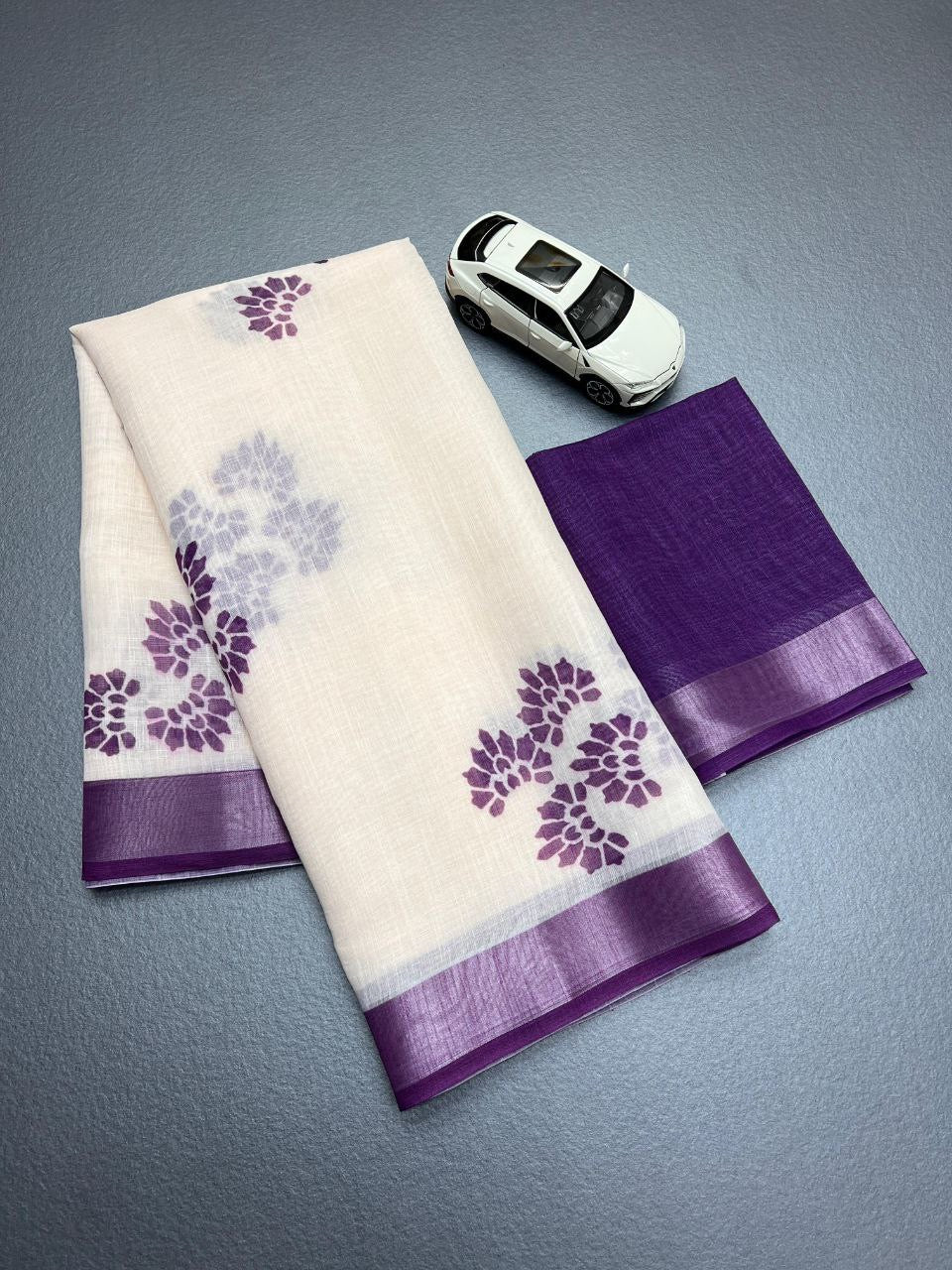 Purple With White Linen Digital Printed Saree