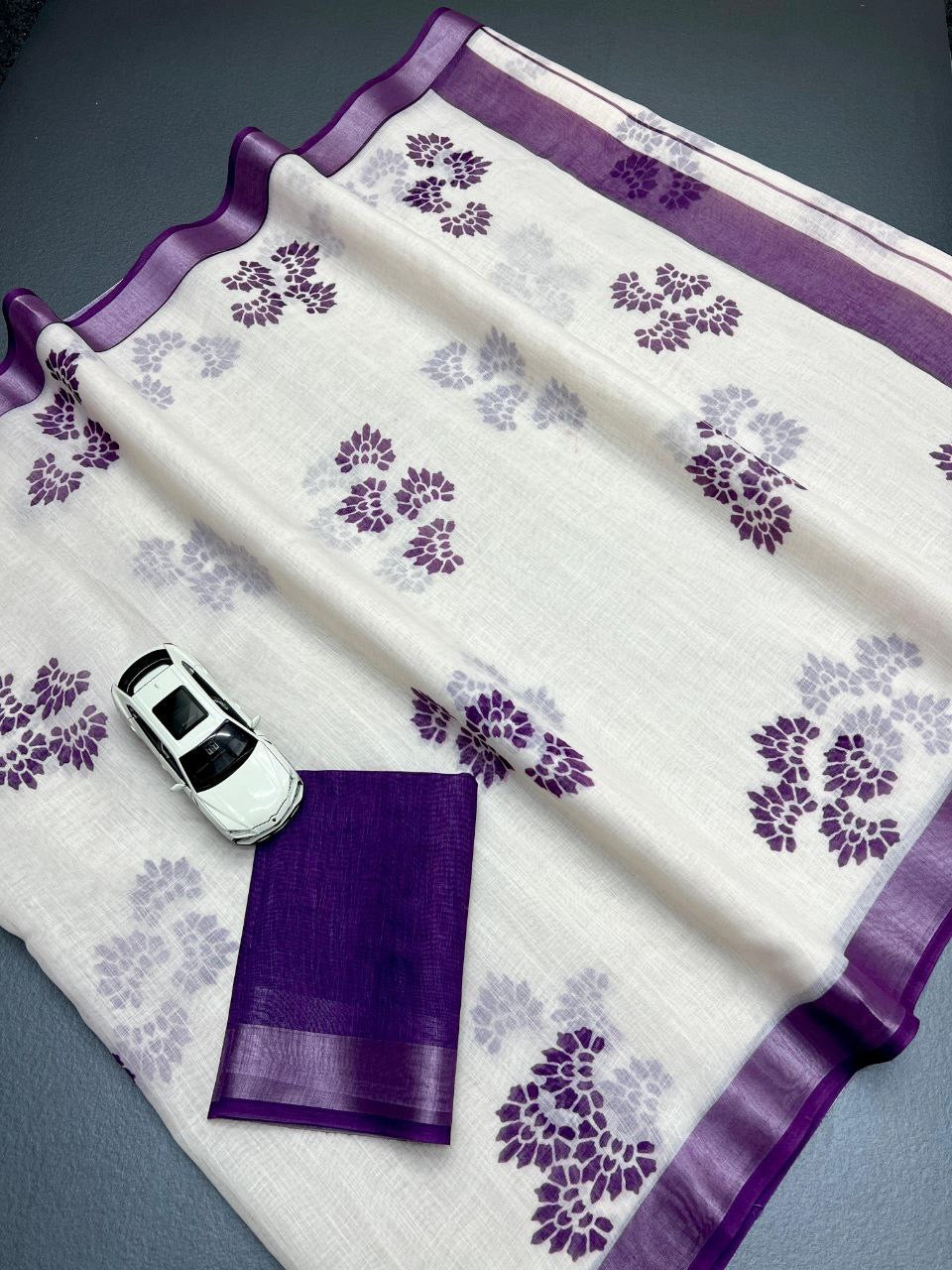 Purple With White Linen Digital Printed Saree