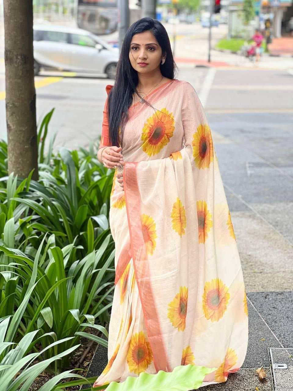 Flower Designed Linen With Zari Work Saree