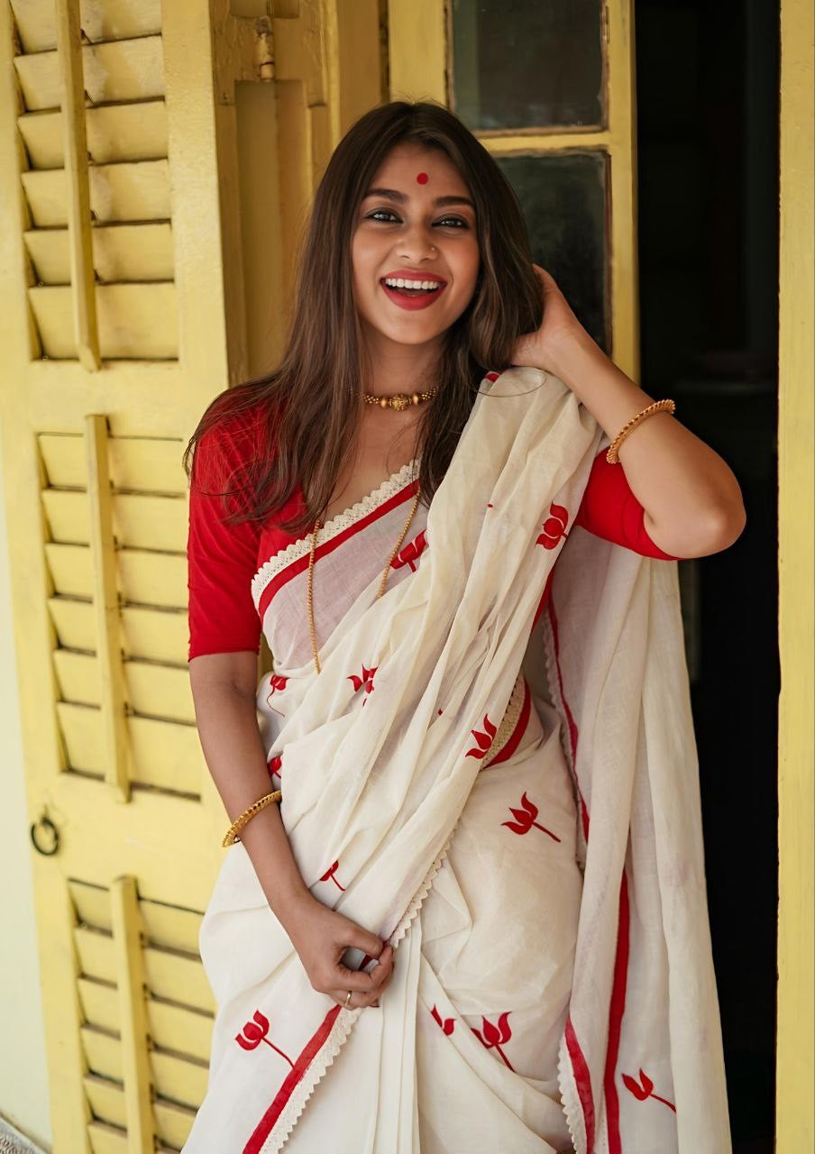 Red White Plain Linen Digital Printed Saree