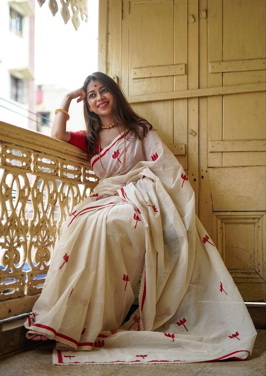 Red White Plain Linen Digital Printed Saree