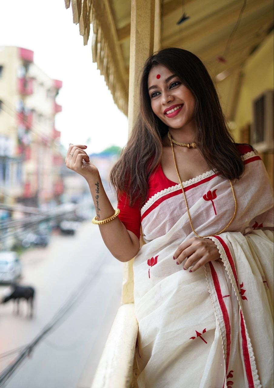 Red White Plain Linen Digital Printed Saree