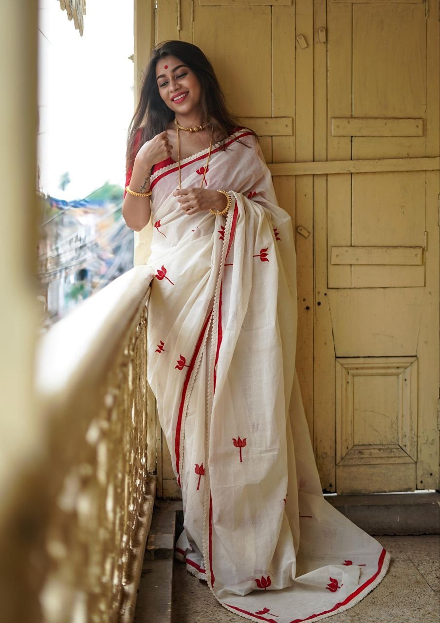 Red White Plain Linen Digital Printed Saree