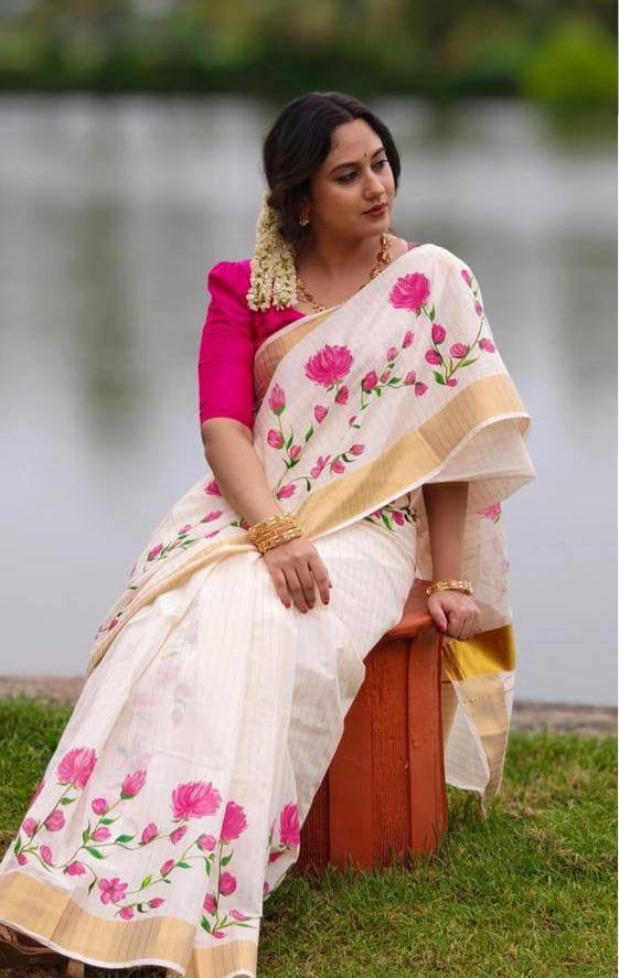 White And Pink Linen Digital Printed Saree