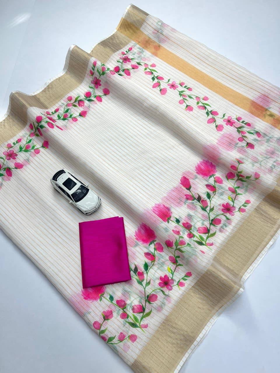 White And Pink Linen Digital Printed Saree