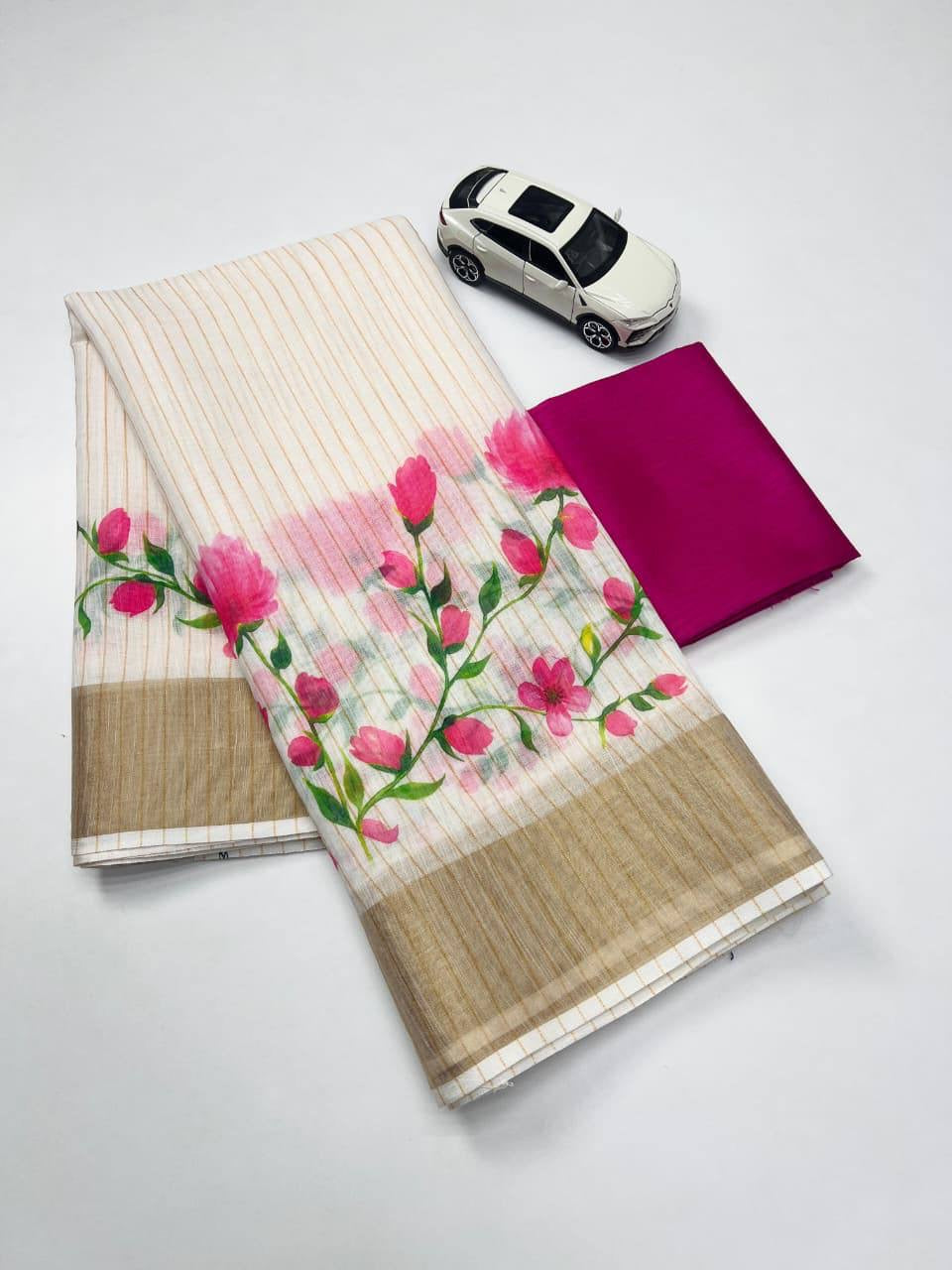 White And Pink Linen Digital Printed Saree