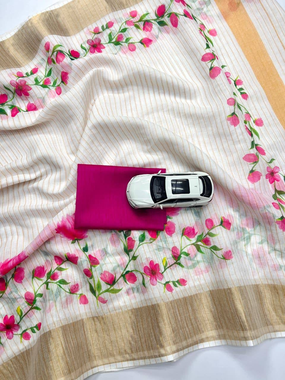 White And Pink Linen Digital Printed Saree